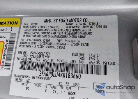 2019 Ford Fusion Hybrid Se z USA, uszkodzony, nr VIN 3FA6P0LU4KR183660